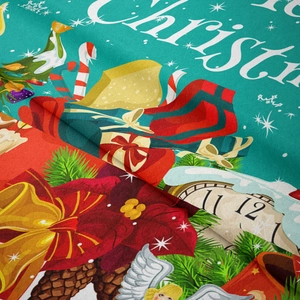 Detail view showing soft velvet texture and vibrant Christmas themed floral printing