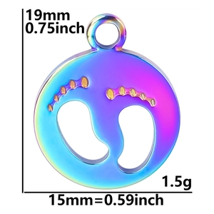 Detail showing 19mm rainbow stainless steel baby footprint pendant with size markers