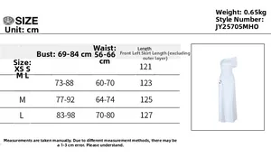 Size chart for chic white one-shoulder ruched split maxi dress with detailed measurements