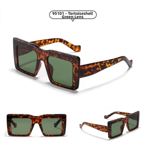 Detailed views of 95101 retro oversized square sunglasses with tortoise frames and green lenses