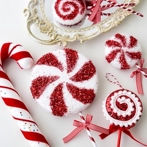 Red and white Christmas candy cane ornaments with glitter and velvet bows for tree decor