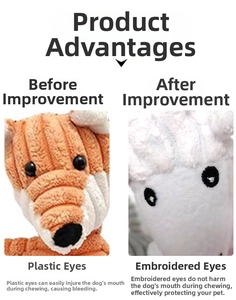 Detail view comparing plastic eyes versus safe embroidery on durable plush dog toys