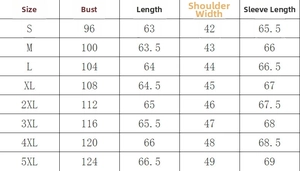 Size chart for color block knit sweater showing bust, length, shoulder, and sleeve details