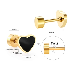 Detailed macro view of heart earrings showing exact dimensions and 18k gold plating details