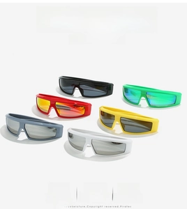 Close-up of vibrant Y2K cycling sunglasses in six colors with aerodynamic wraparound frames