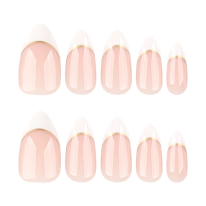 French white tip almond press-on nails with delicate gold curved line accents