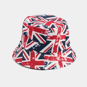 Detailed macro view of vintage Union Jack flag print on high-quality cotton bucket hat