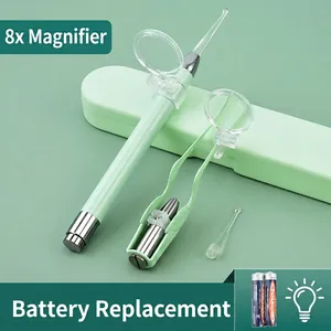 Close-up of lighted earwax removal kit with 8x magnifying glass and silicone tips