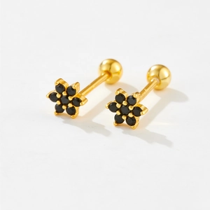 Minimalist gold S925 silver flower stud earrings with black zircon and screw back closure