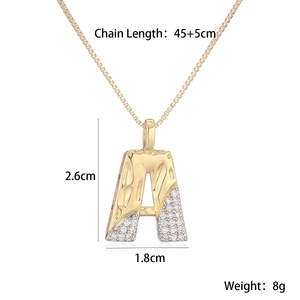Golden hammer-textured letter A necklace with zircon inlay and measurement details