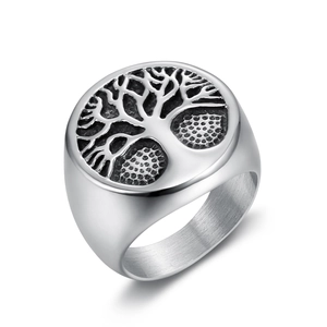 Vintage stainless steel Tree of Life signet ring with a polished silver finish for men