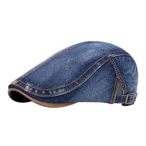 Vintage dark blue denim beret hat with orange stitching and side metal buckle