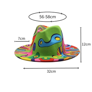 Detail showing the dimensions of the green graffiti print fedora hat with size annotations