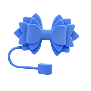 Blue 10mm silicone bow straw topper for Stanley cup with decorative dust plug strap