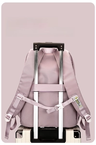 Detail of lavender backpack with luggage strap for easy travel attachment to suitcase
