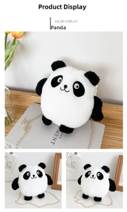 Detail of cute panda plush bag with soft faux fur texture and elegant gold metal chain strap