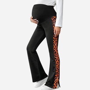 Detail of high waist maternity flare leggings with side orange leopard print stripe