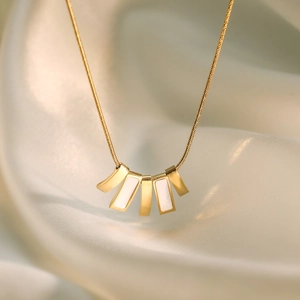 Chic gold stainless steel necklace with fan-shaped geometric bear pendant on silk