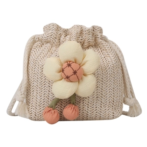 Mini straw shoulder bag with drawstring closure and 3D sunflower detail in beige
