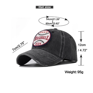 Detailed size chart showing dimensions for grey washed cotton vintage baseball cap