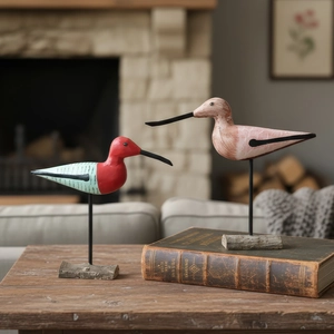Hand Painted Wooden Bird Ornaments Vintage Nordic Desktop Decorations Metal Stand Rustic Wood Carvings Home Accents