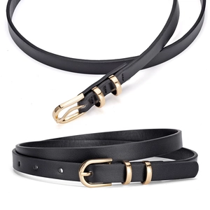 Elegant black thin leather belt with golden metal buckle for women dress accessories