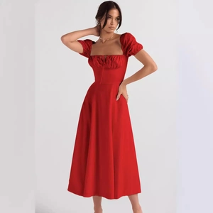 Elegant red square neck A-line midi dress with puff sleeves and cinched tie waist