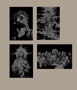 Close-up of four distinct Jesus-themed patterns for scratch art DIY painting kits