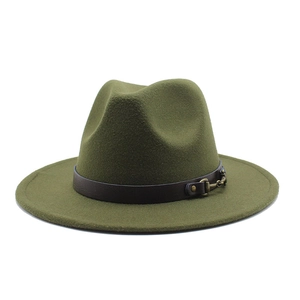 Classic olive green fedora wool hat with brown leather band and gold horsebit buckle