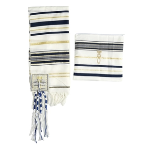 Detailed view of Messianic Tallit prayer shawl with blue stripes and matching zipper bag