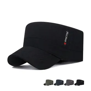 Cadet Cap Cotton Twill Flat Top Military Hat Adjustable Metal Buckle Sun Protection Outdoor Leisure Vintage For Men