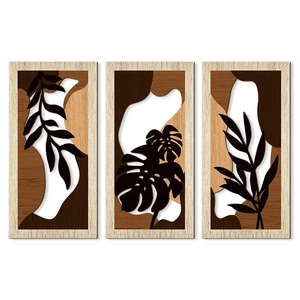 3-piece wooden wall art set with laser-cut leaf silhouettes in natural wood frames