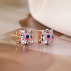 Gold square crystal stud earrings featuring a colorful evil eye design for women