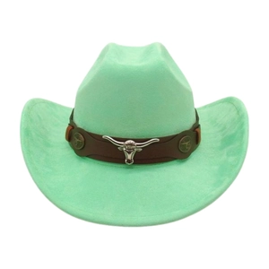 Mint green western cowboy hat with brown leather band and silver longhorn bull head ornament