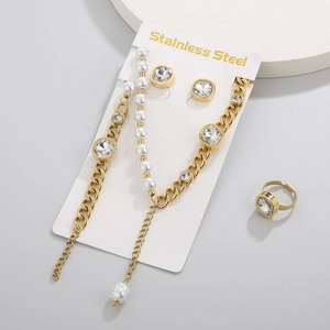 Detailed set of gold stainless steel necklace, earrings and ring with pearls and zircons
