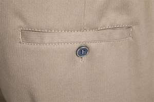 Macro view of khaki business trousers showing woven texture and blue button detail
