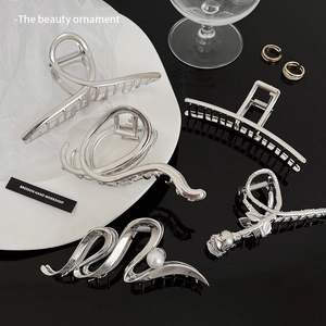 Five-piece silver metal hair claw clips set with minimalist geometric and floral designs