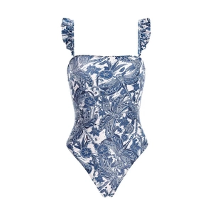Detail of ruffle shoulder design and blue dragonfly floral print on bikini set