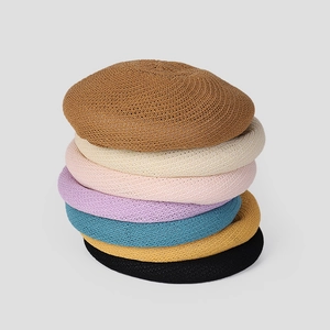 Women Summer Knit Beret Hat Breathable Linen Hollow Out Painter Hat Solid Color Versatile Foldable Thin Artist Cap
