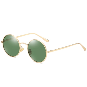 Retro round polarized sunglasses with gold metal frame and dark green lenses