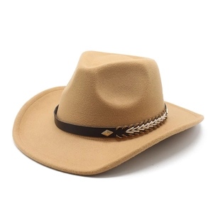Detail of camel wool cowboy hat featuring a brown leather band and vintage metal buckle