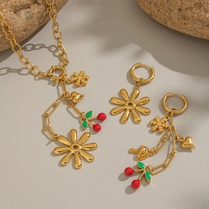 Asymmetric 304 Stainless Steel Jewelry 18K Gold Plated Flower Cherry Mushroom Pendant Necklace Earrings Hypoallergenic
