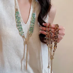 Multi-Layer Tassel Sweater Necklace With Artificial Crystal And Glass Beads Bohemian Vintage Long Chain For Women