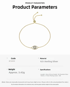 Detail view of 925 silver evil eye bracelet with 18k gold plating and 24cm size info