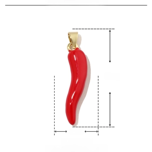 Detail of red chili enamel pendant showing dimensions 33mm by 7mm and copper material