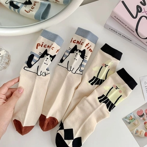 Womens Crew Socks Cute Cartoon Cat Animal Patterns Cotton Blend Mid Calf Jacquard Japanese Style Breathable