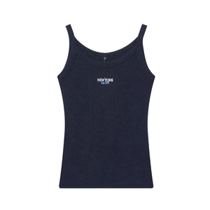 Dark blue ribbed knit crop tank top featuring New York 1975 text in a casual style