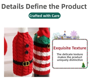 Detail of knitted Christmas wine bottle covers with Santa and striped elf designs