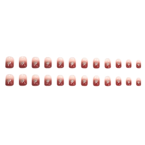 24-piece gradient reddish-brown press-on nails with glitter silver heart designs