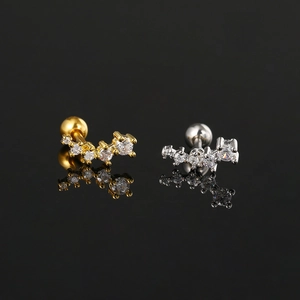 Zircon inlaid curved cartilage earrings in gold and silver steel with screw ball backs